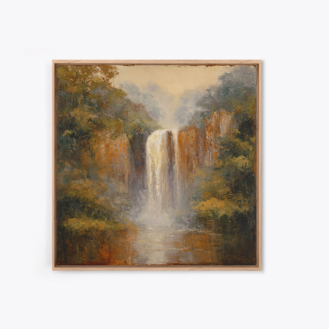 Jungle Waterfall with Misty Light Canvas Print, Tropical Art, Beach Prints, Living Room Decor, Watercolor Art, Tropic, TRO-1x1-13