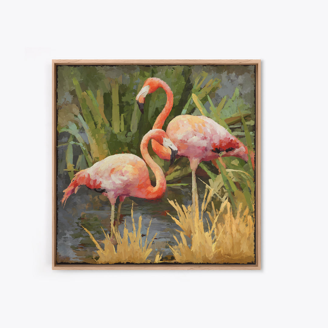 Pink Flamingos Among Tropical Water Plants Framed Canvas Print, Tropical Art, Beach Wall Art, Living Room Decor, Tropic, TRO-1x1-2