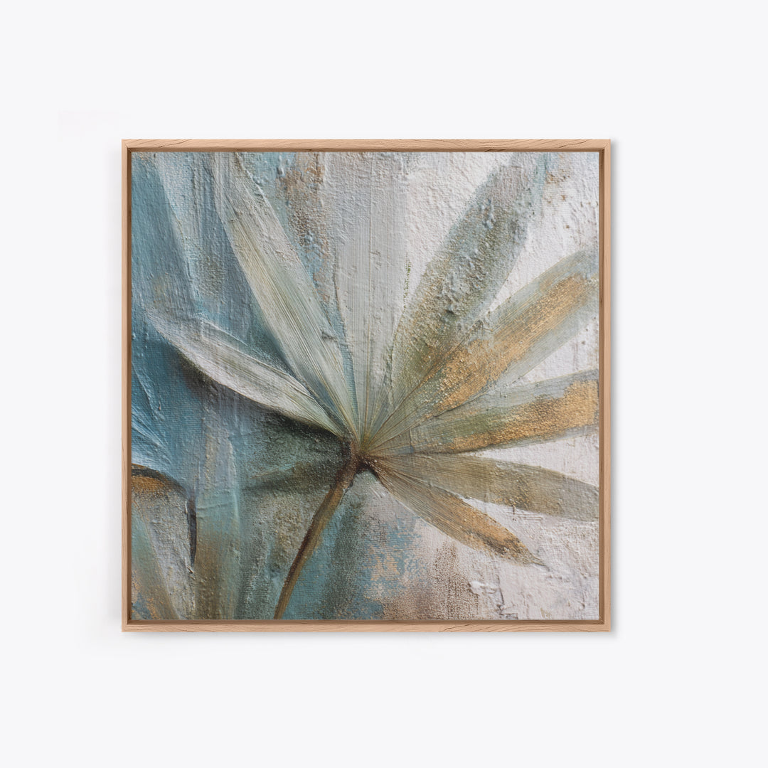 Rain Soaked Palm Leaf Closeup Framed Canvas Print, Tropical Art, Neutral Decor, Living Room Decor, Oil Painting, Tropic, TRO-1x1-21