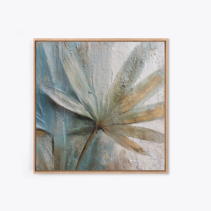 Rain Soaked Palm Leaf Closeup Framed Canvas Print, Tropical Art, Neutral Decor, Living Room Decor, Oil Painting, Tropic, TRO-1x1-21