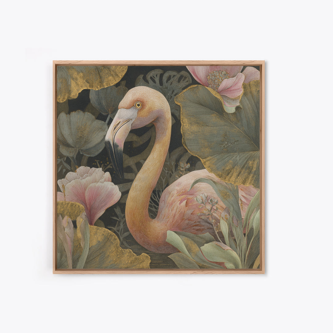 Pink Flamingos Among Tropical Water Plants Canvas Print, Tropical Art, Whimsical Art, Living Room Decor, Fine Art, Tropic, TRO-1x1-26