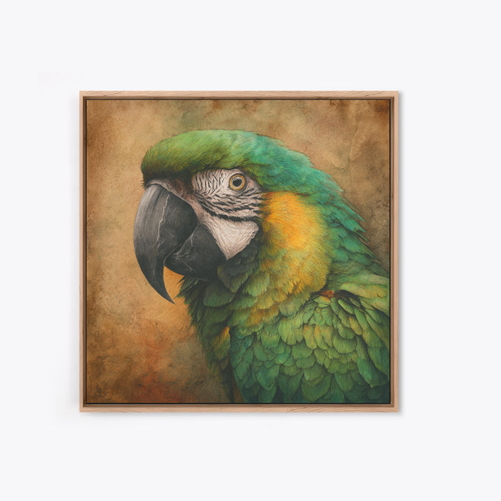 Parrot Portrait with Emerald Feathers Framed Canvas Print, Tropical Art, Gallery Decor, Living Room Decor, Fine Art, Tropic, TRO-1x1-32