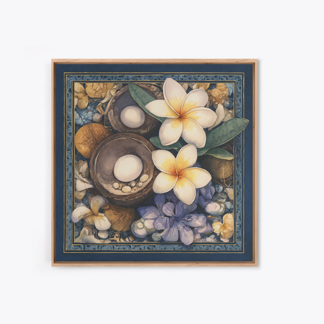 Coconut and Plumeria Still Life Canvas Print, Tropical Art, Printable Wall Art, Living Room Decor, Watercolor Art, Tropic, TRO-1x1-36