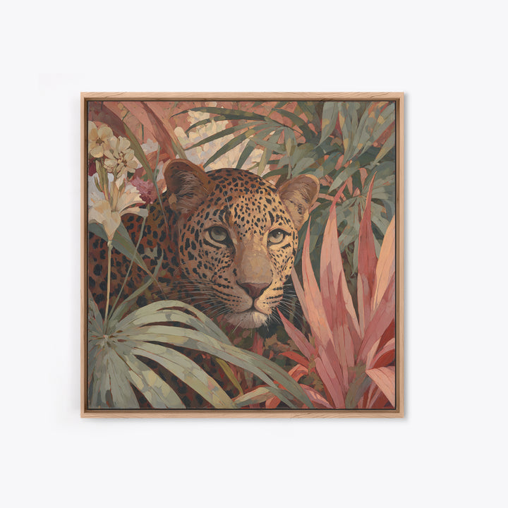 Leopard Hidden Among Palm Leaves Framed Canvas Print, Tropical Art, Gallery Decor, Living Room Decor, Fine Art, Tropic, TRO-1x1-38