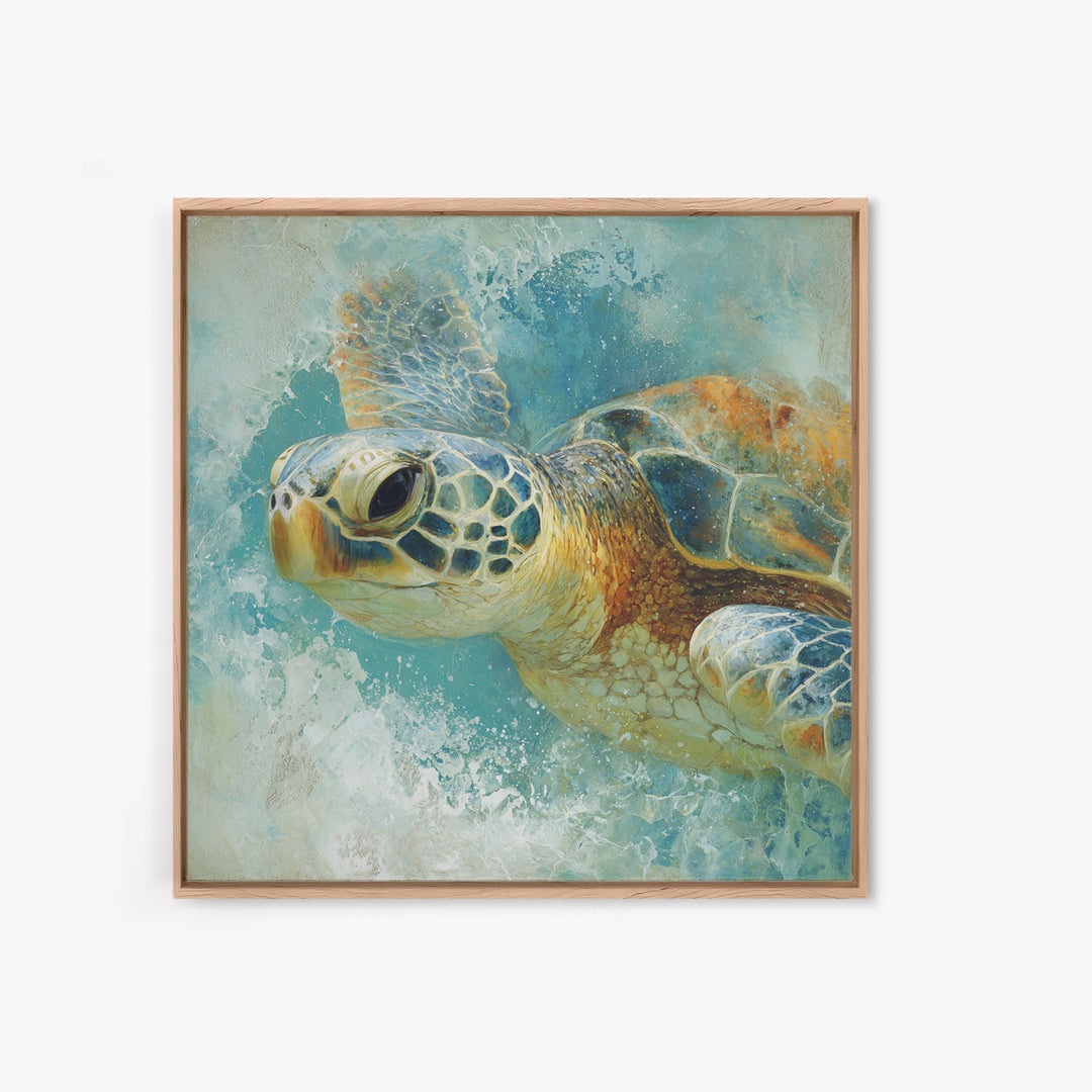 Sea Turtle Near Tropical Reef Framed Canvas Print, Tropical Art, Beach Decor, Living Room Decor, Oil Painting, Tropic, TRO-1x1-43