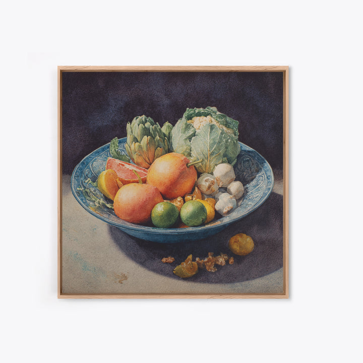 Bright Papaya and Lime Still Life Framed Canvas Print, Tropical Art, Decor, Living Room Decor, Fine Art, Tropic, Bird Art, TRO-1x1-48