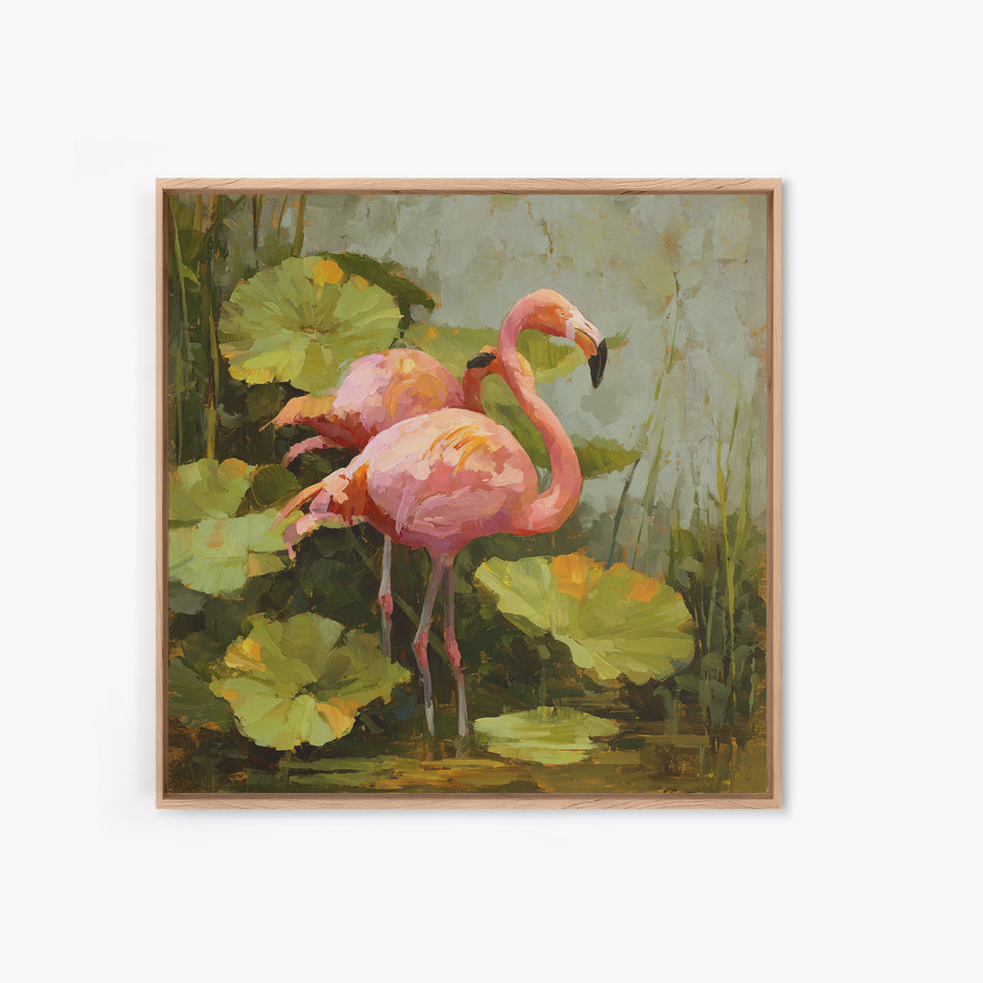 Pink Flamingos Among Tropical Water Plants Canvas Print, Tropical Art, Whimsical Art, Living Room Decor, Fine Art, Tropic, TRO-1x1-50