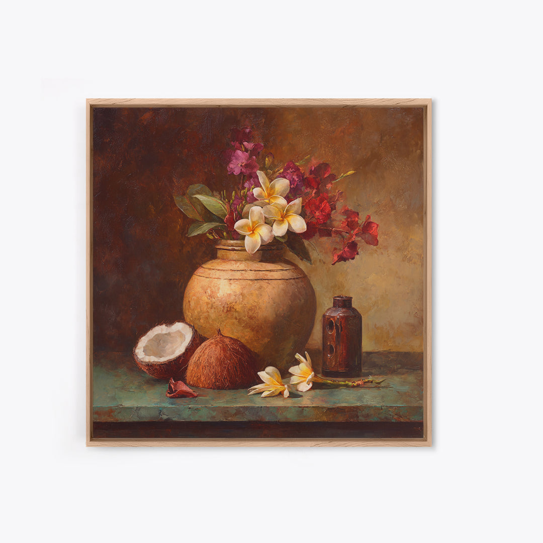 Coconut and Plumeria Still Life Canvas Print, Tropical Art, Coastal Decor, Living Room Decor, Fine Art, Tropic, Modern Decor, TRO-1x1-60