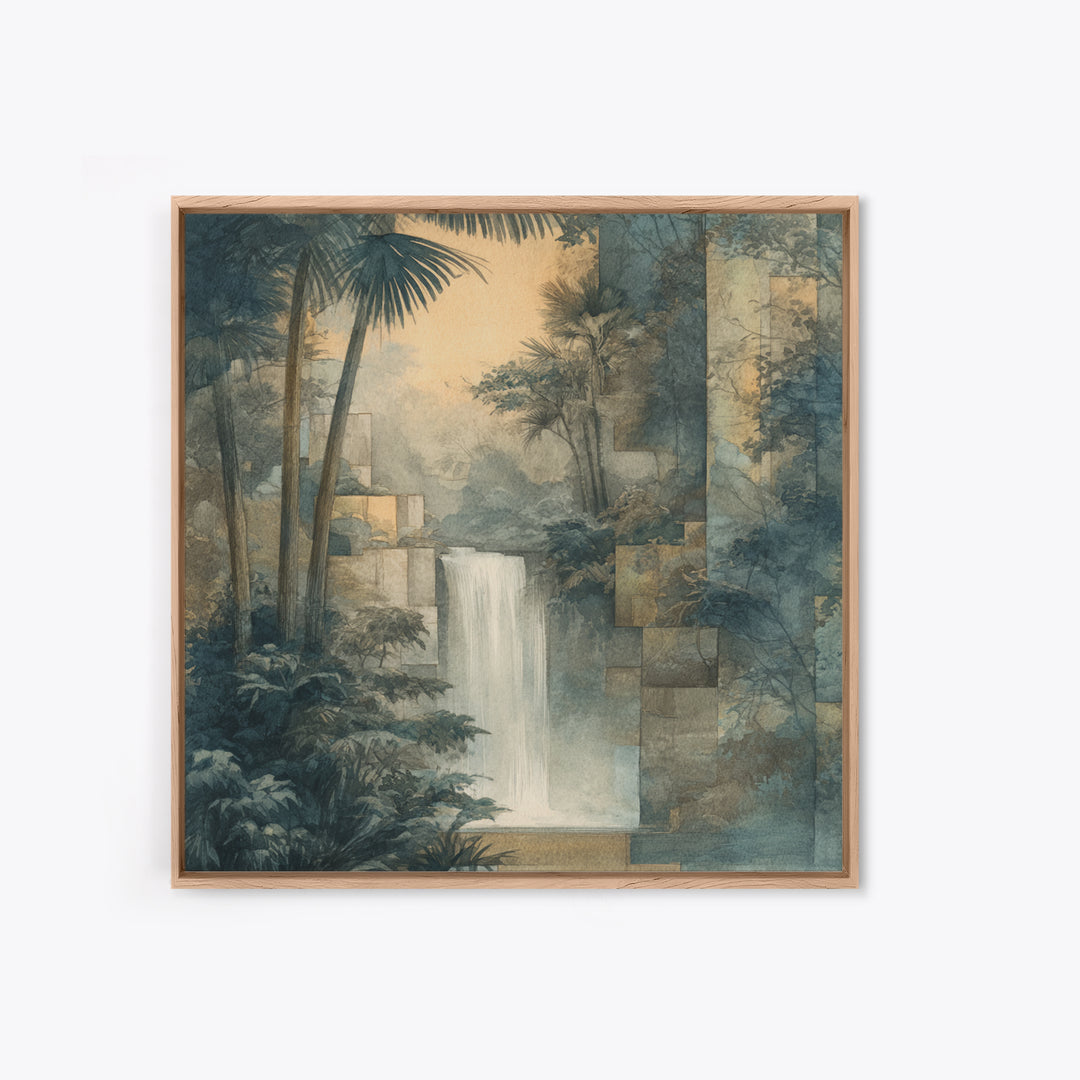 Jungle Waterfall with Misty Light Framed Canvas Print, Tropical Art, Boho Decor, Living Room Decor, Oil Painting, Tropic, TRO-1x1-61