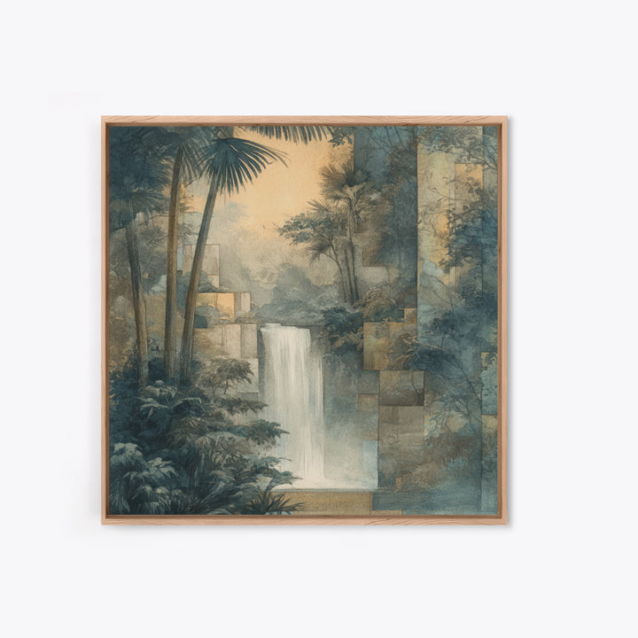 Jungle Waterfall with Misty Light Framed Canvas Print, Tropical Art, Boho Decor, Living Room Decor, Oil Painting, Tropic, TRO-1x1-61