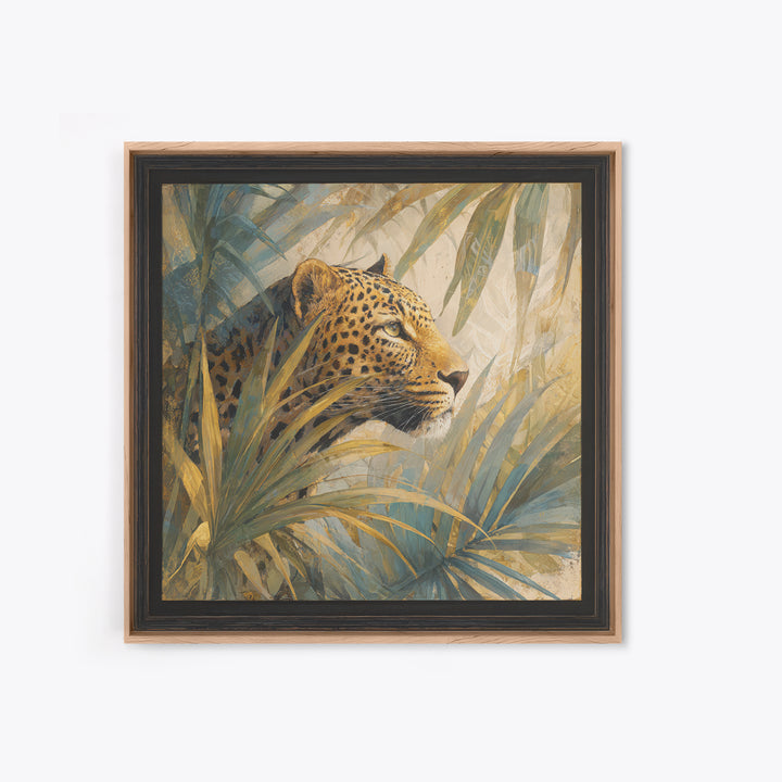 Leopard Hidden Among Palm Leaves Framed Canvas Print, Tropical Art, Gallery Decor, Living Room Decor, Fine Art, Tropic, TRO-1x1-62