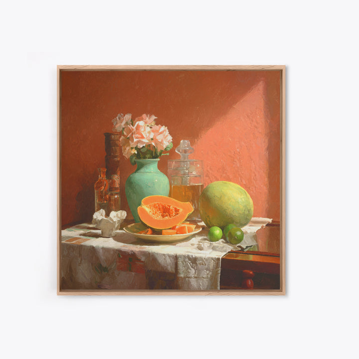Bright Papaya and Lime Still Life Framed Canvas Print, Tropical Art, Beach Print, Living Room Decor, Abstract Art, Tropic, TRO-1x1-72