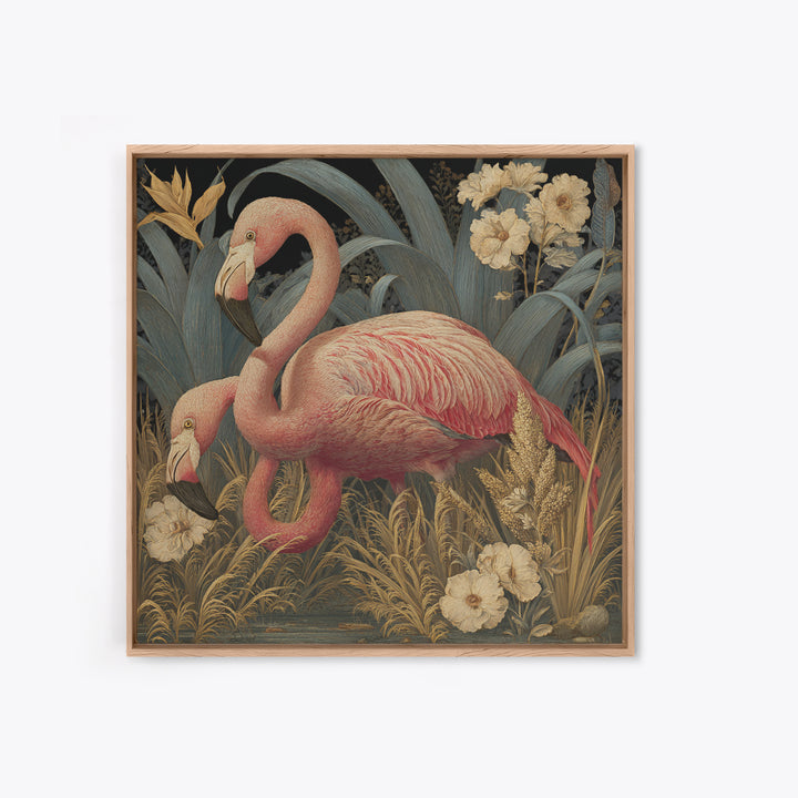 Pink Flamingos Among Tropical Water Plants Framed Canvas Print, Tropical Art, Fine Art Print, Living Room Decor, Tropic, TRO-1x1-74