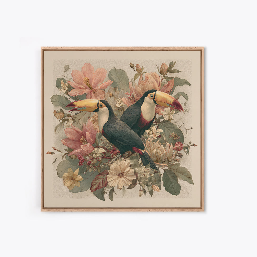 Toucans Surrounded by Bright Jungle Flowers Canvas Print, Tropical Art, Statement Artwork, Living Room Decor, Fine Art, Tropic, TRO-1x1-75