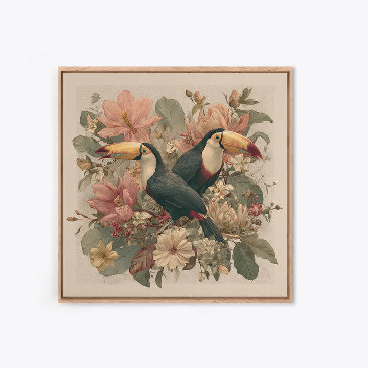 Toucans Surrounded by Bright Jungle Flowers Canvas Print, Tropical Art, Statement Artwork, Living Room Decor, Fine Art, Tropic, TRO-1x1-75