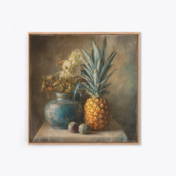 Pineapple and Palm Still Life Framed Canvas Print, Tropical Art, Statement Artwork, Living Room Decor, Fine Art, Tropic, TRO-1x1-78
