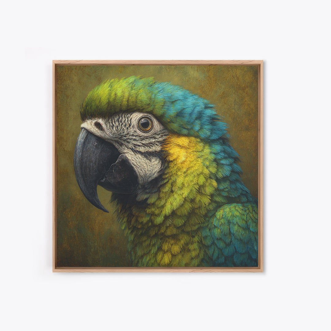Parrot Portrait with Emerald Feathers Framed Canvas Print, Tropical Art, Printable, Living Room Decor, Fine Art, Tropic, TRO-1x1-8