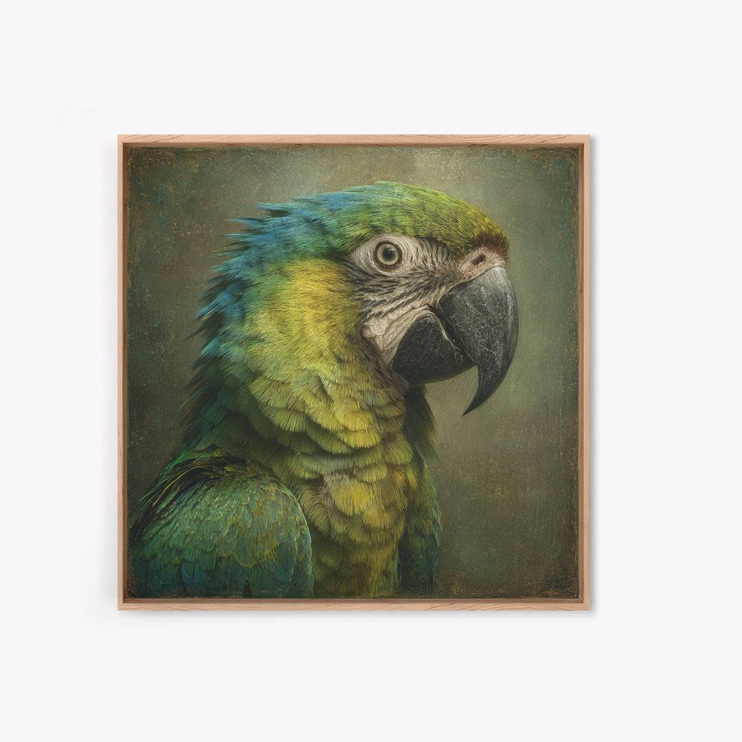 Parrot Portrait with Emerald Feathers Framed Canvas Print, Tropical Art, Fine Art Print, Living Room Decor, Oil Painting, TRO-1x1-80
