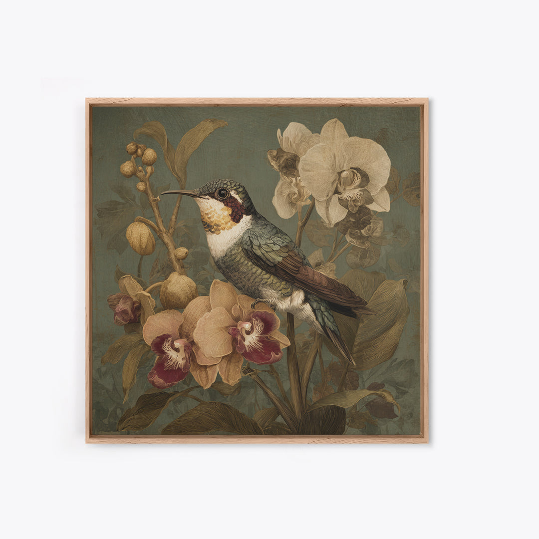 Orchid and Hummingbird Composition Canvas Print, Tropical Art, Boho Decor, Living Room Decor, Oil Painting, Tropic, Art Print, TRO-1x1-82