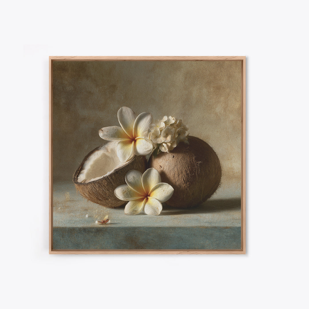 Coconut and Plumeria Still Life Framed Canvas Print, Tropical Art, Beach Print, Living Room Decor, Abstract Art, Tropic, TRO-1x1-84