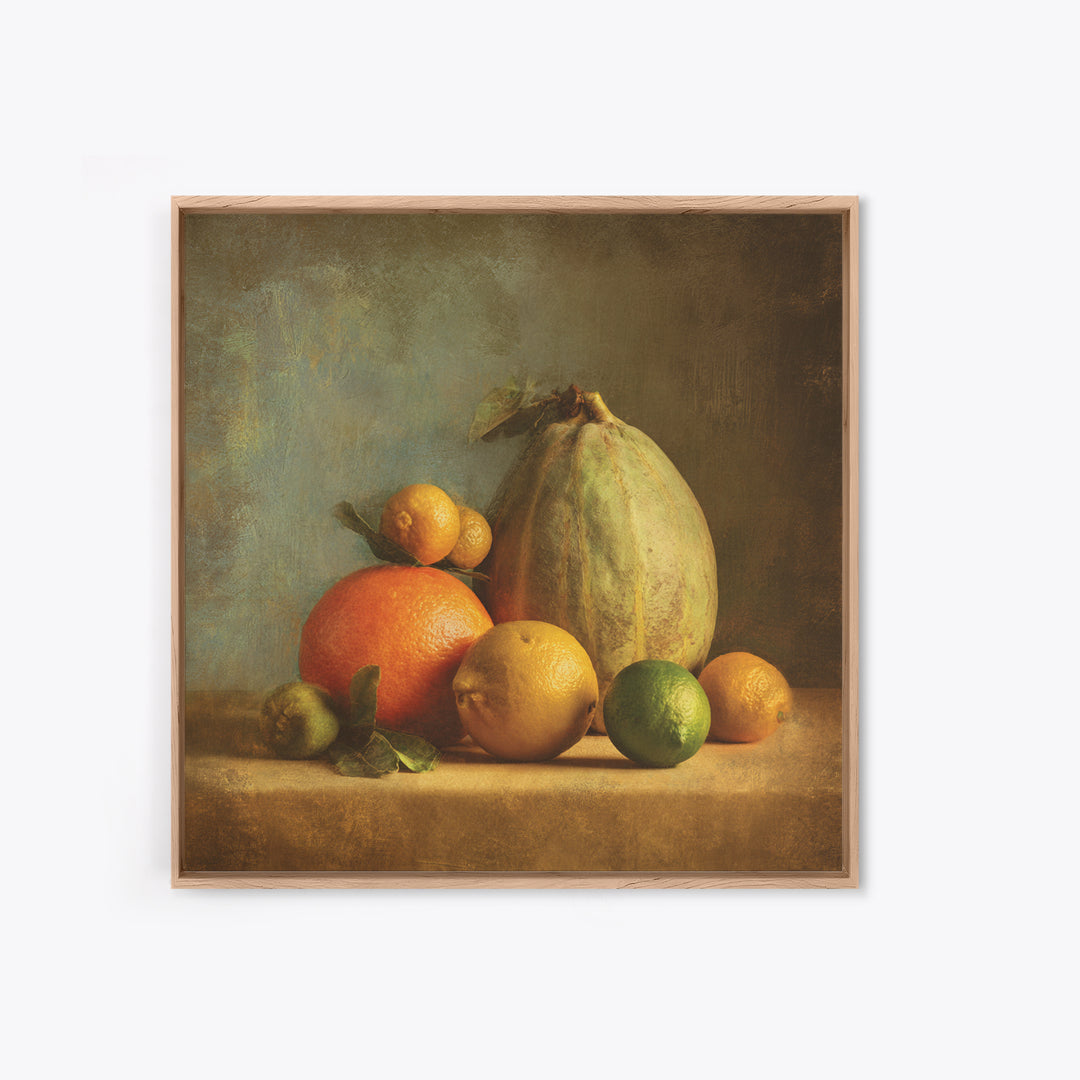 Bright Papaya and Lime Still Life Framed Canvas Print, Tropical Art, Art Print, Living Room Decor, Tropic, Abstract Painting, TRO-1x1-96