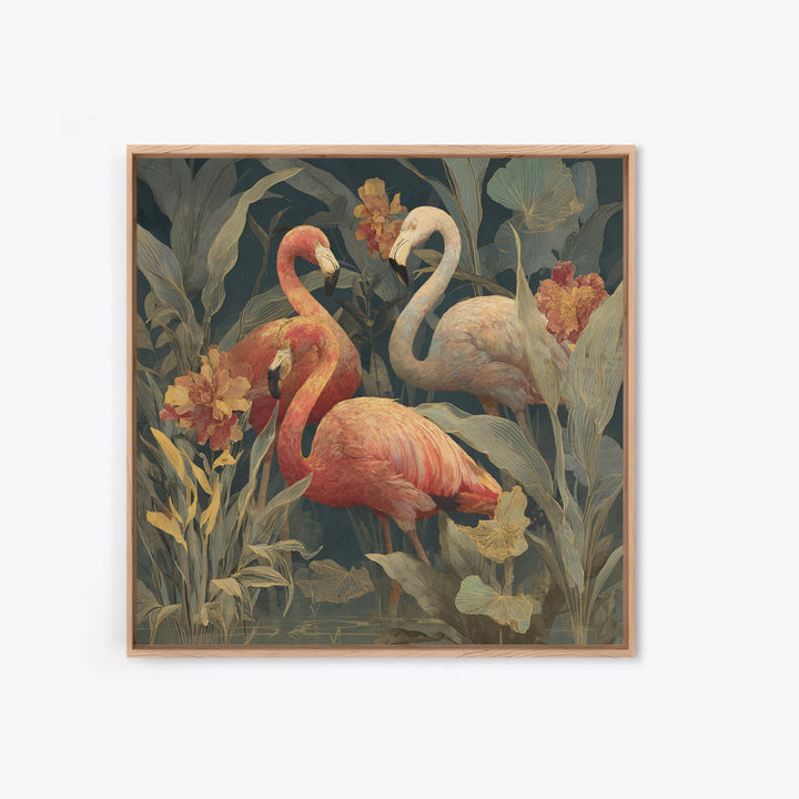 Pink Flamingos Among Tropical Water Plants Canvas Print, Tropical Art, Textured Painting, Living Room Decor, Fine Art, Tropic, TRO-1x1-98