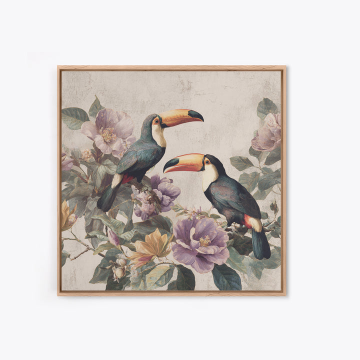 Toucans Surrounded by Bright Jungle Flowers Canvas Print, Tropical Art, Decor, Living Room Decor, Oil Painting, Tropic, TRO-1x1-99