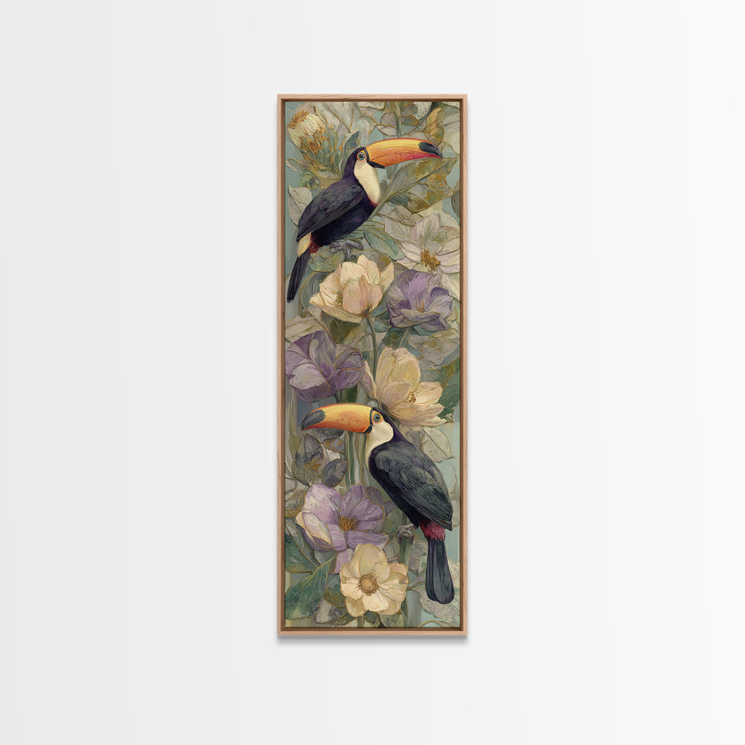 Toucans Surrounded by Bright Jungle Flowers Framed Canvas Print, Tropical Art, Printable Art, Living Room Decor, Tropic, TRO-1x3-15