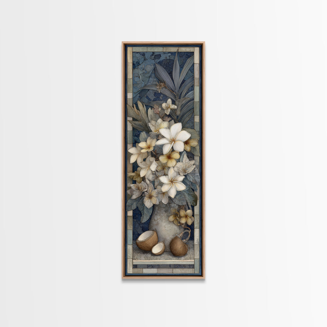 Coconut and Plumeria Still Life Framed Canvas Print, Tropical Art, Decor, Living Room Decor, Fine Art, Tropic, Bird Art, TRO-1x3-24