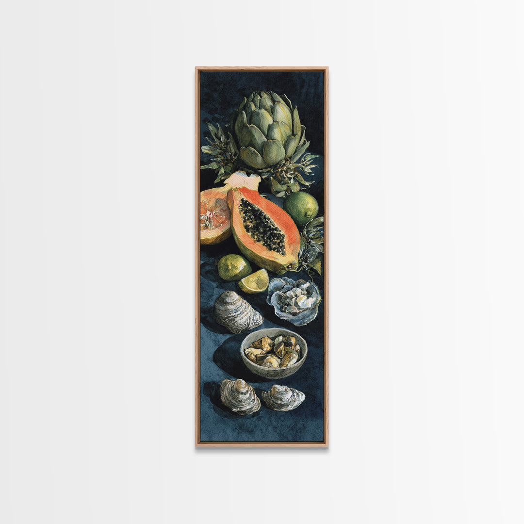 Bright Papaya and Lime Still Life Framed Canvas Print, Tropical Art, Art Print, Living Room Decor, Tropic, Abstract Painting, TRO-1x3-36