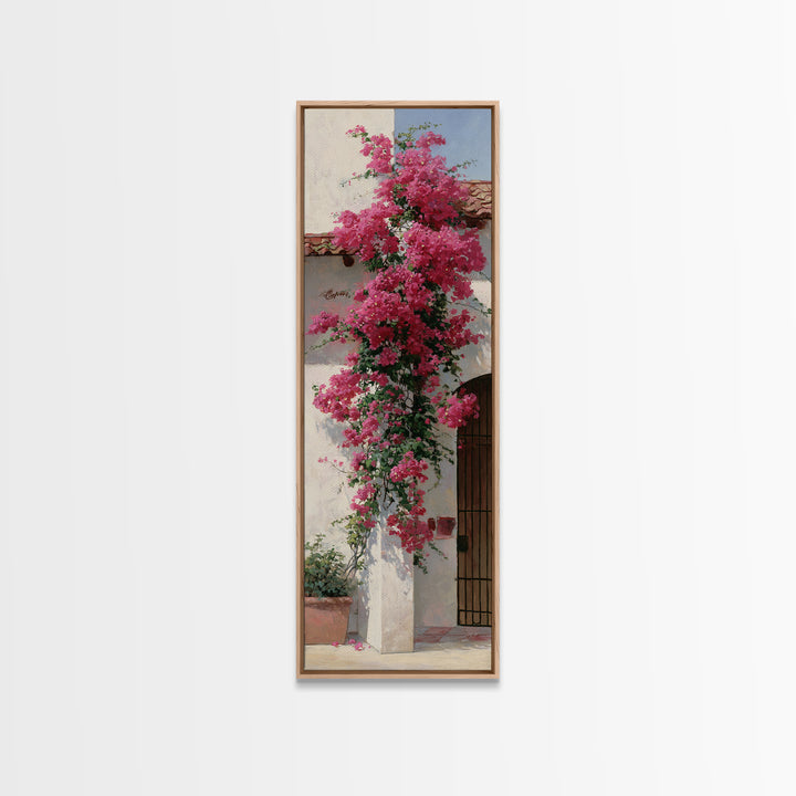 Pink Bougainvillea over White Wall Framed Canvas Print, Tropical Art, Minimalist Decor, Living Room Decor, Fine Art, Tropic, TRO-1x3-4