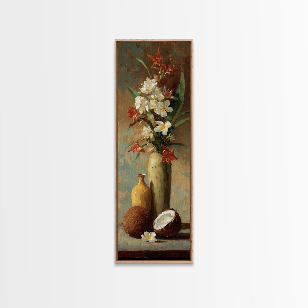 Coconut and Plumeria Still Life Canvas Print, Tropical Art, Printable Wall Art, Living Room Decor, Watercolor Art, Tropic, TRO-1x3-48