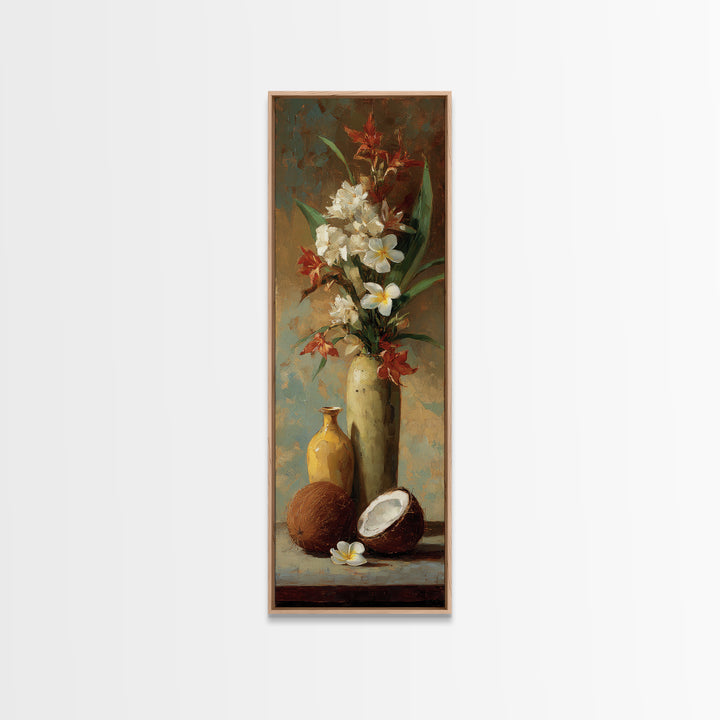 Coconut and Plumeria Still Life Canvas Print, Tropical Art, Printable Wall Art, Living Room Decor, Watercolor Art, Tropic, TRO-1x3-48