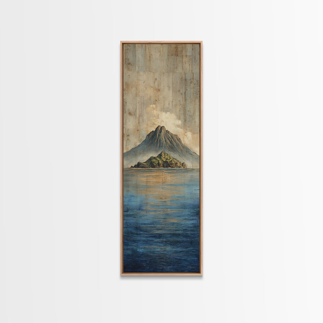 Island Volcano with Lush Foreground Framed Canvas Print, Tropical Art, Textured Painting, Living Room Decor, Fine Art, Tropic, TRO-1x3-53