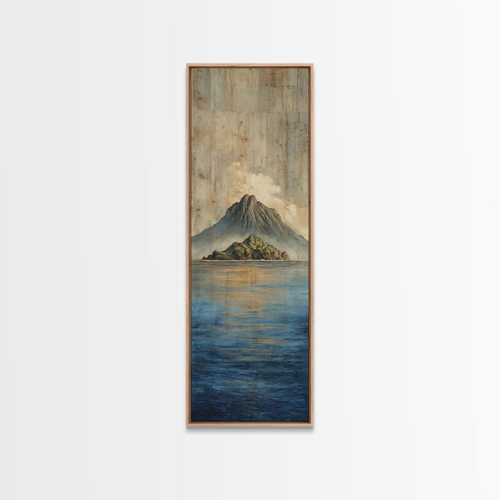 Island Volcano with Lush Foreground Framed Canvas Print, Tropical Art, Textured Painting, Living Room Decor, Fine Art, Tropic, TRO-1x3-53