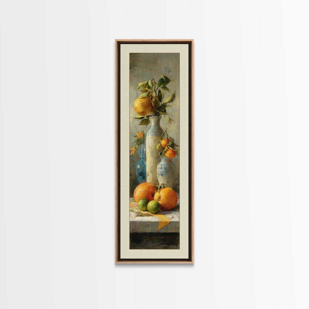 Bright Papaya and Lime Still Life Framed Canvas Print, Tropical Art, Coastal Wall Art, Living Room Decor, Fine Art, Tropic, TRO-1x3-84