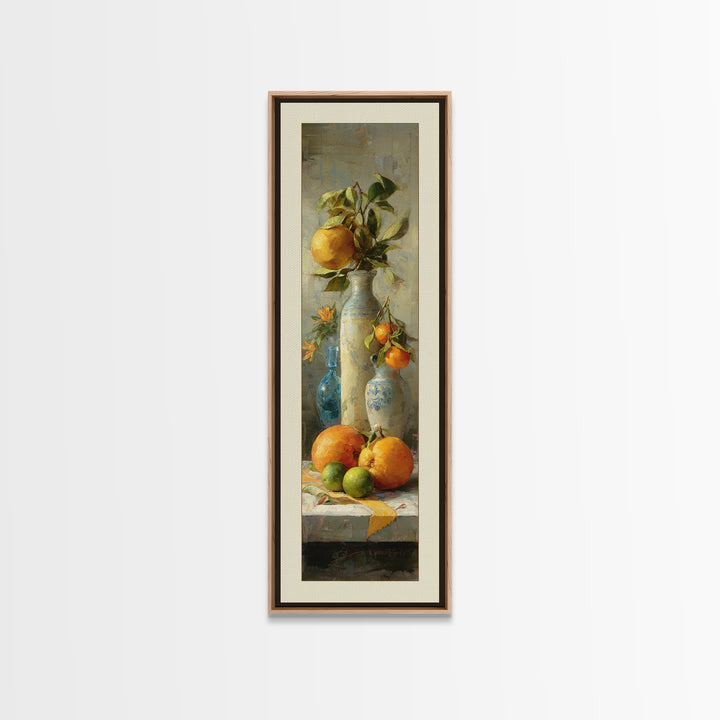 Bright Papaya and Lime Still Life Framed Canvas Print, Tropical Art, Coastal Wall Art, Living Room Decor, Fine Art, Tropic, TRO-1x3-84