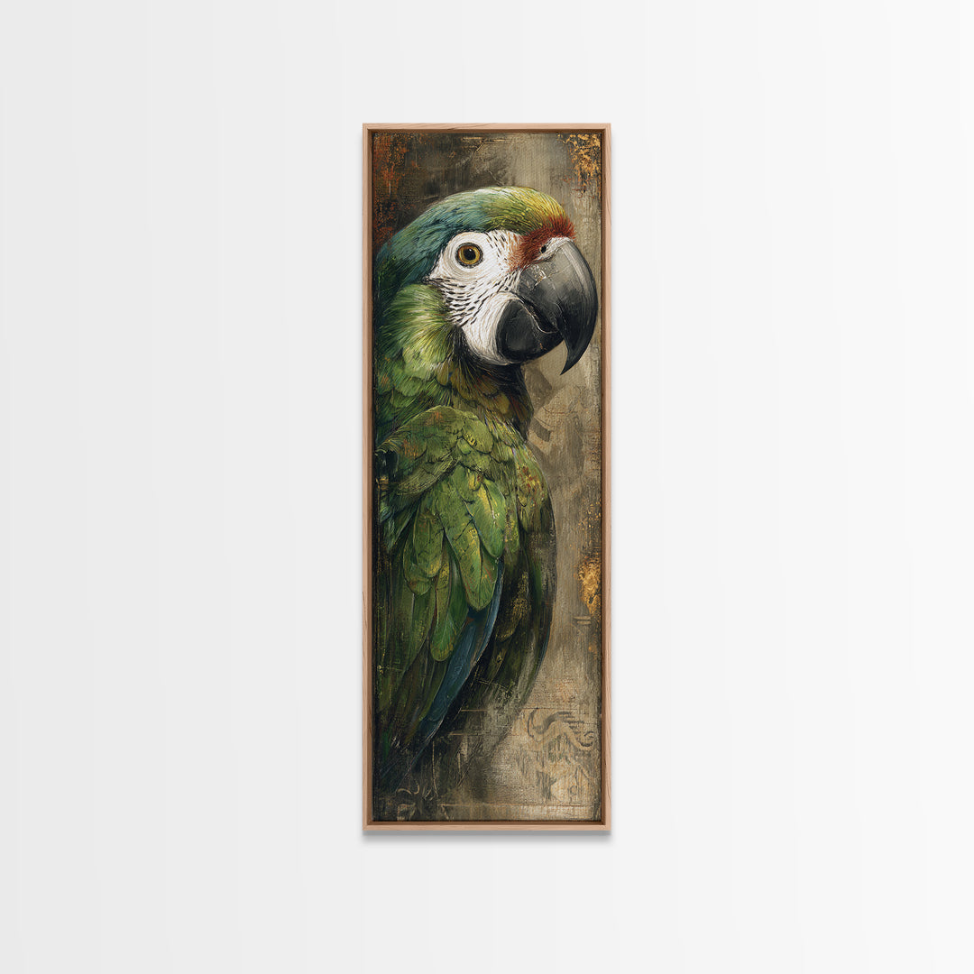 Parrot Portrait with Emerald Feathers Framed Canvas Print, Tropical Art, Coastal Art, Living Room Decor, Fine Art, Tropic, TRO-1x3-92
