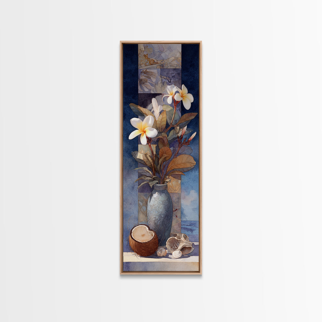 Coconut and Plumeria Still Life Framed Canvas Print, Tropical Art, Beach Print, Living Room Decor, Abstract Art, Tropic, TRO-1x3-96