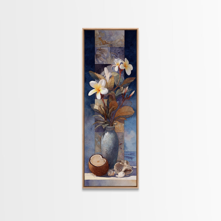 Coconut and Plumeria Still Life Framed Canvas Print, Tropical Art, Beach Print, Living Room Decor, Abstract Art, Tropic, TRO-1x3-96