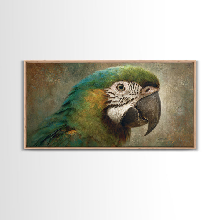 Parrot Portrait with Emerald Feathers Framed Canvas Print, Tropical Art, Beach Wall Art, Living Room Decor, Fine Art, Tropic, TRO-2x1-100