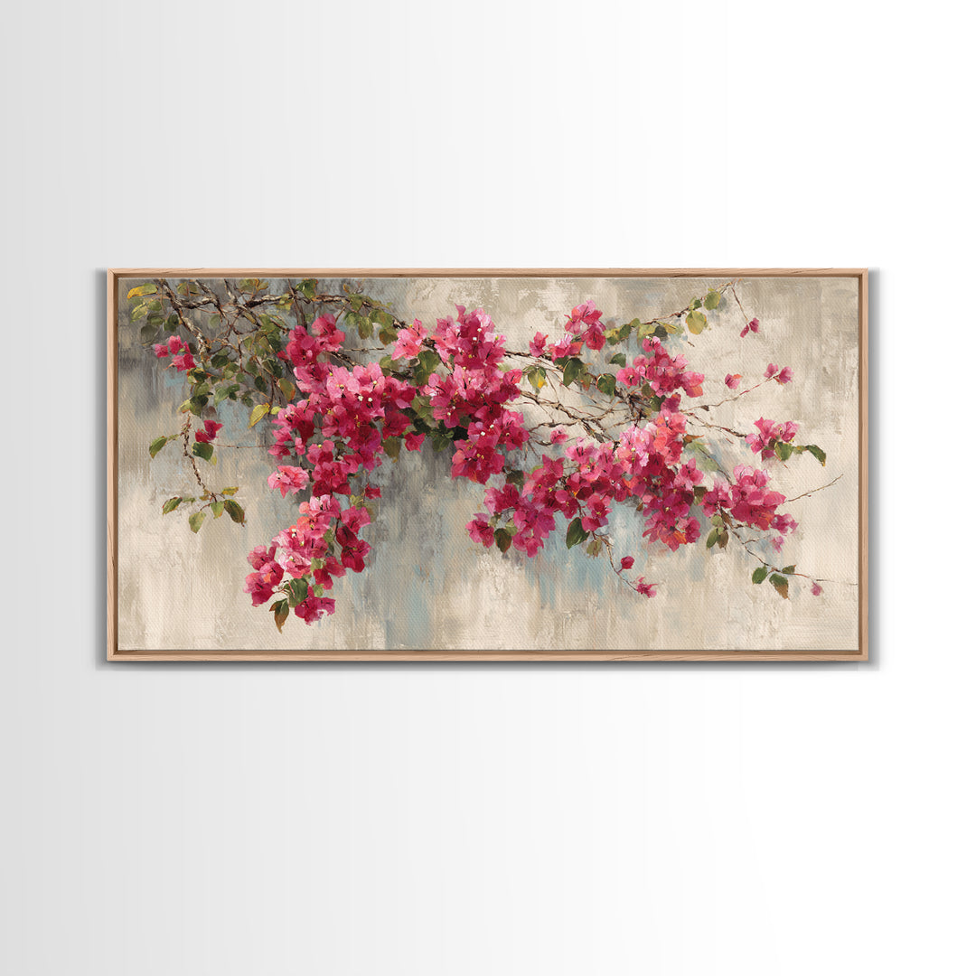 Pink Bougainvillea over White Wall Framed Canvas Print, Tropical Art, Room Decor, Living Room Decor, Fine Art, Tropic, TRO-2x1-12