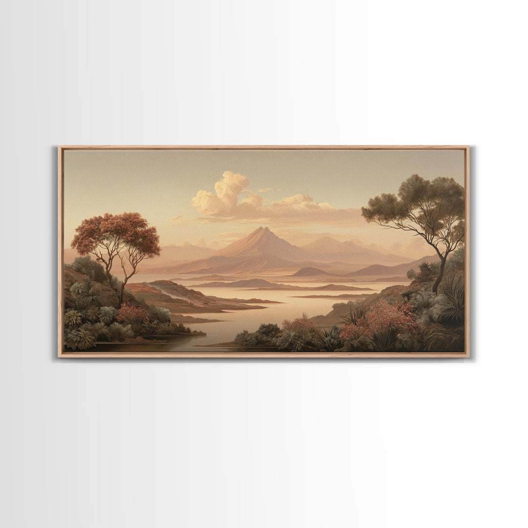 Island Volcano with Lush Foreground Framed Canvas Print, Tropical Art, Print, Living Room Decor, Tropic, Coastal Wall Art, TRO-2x1-13