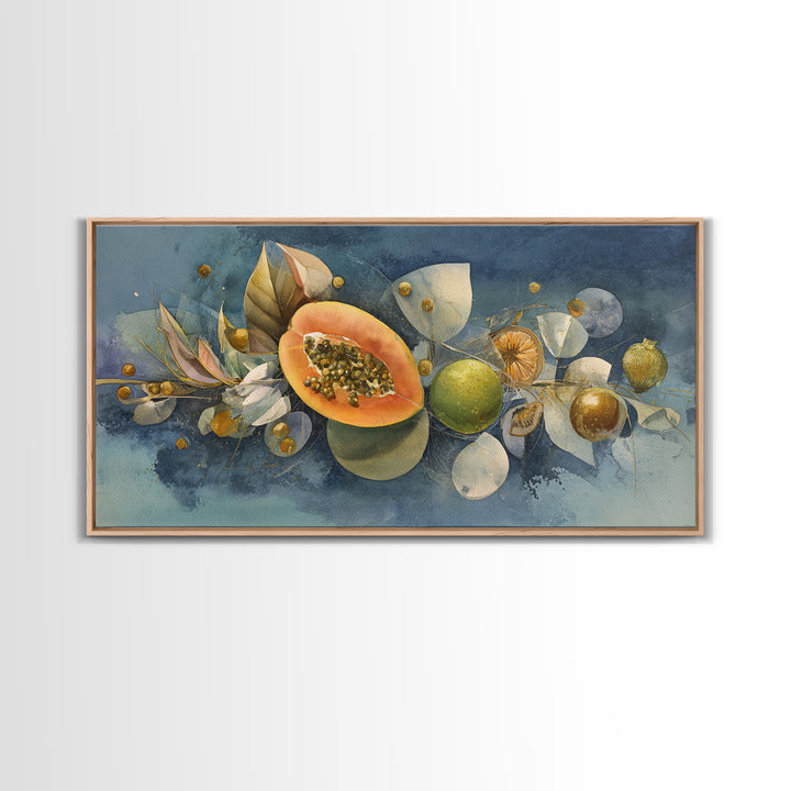 Bright Papaya and Lime Still Life Framed Canvas Print, Tropical Art, Statement Artwork, Living Room Decor, Fine Art, Tropic, TRO-2x1-20