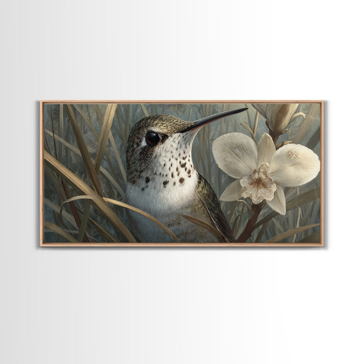 Orchid and Hummingbird Composition Framed Canvas Print, Tropical Art, Minimalist Decor, Living Room Decor, Fine Art, Tropic, TRO-2x1-30
