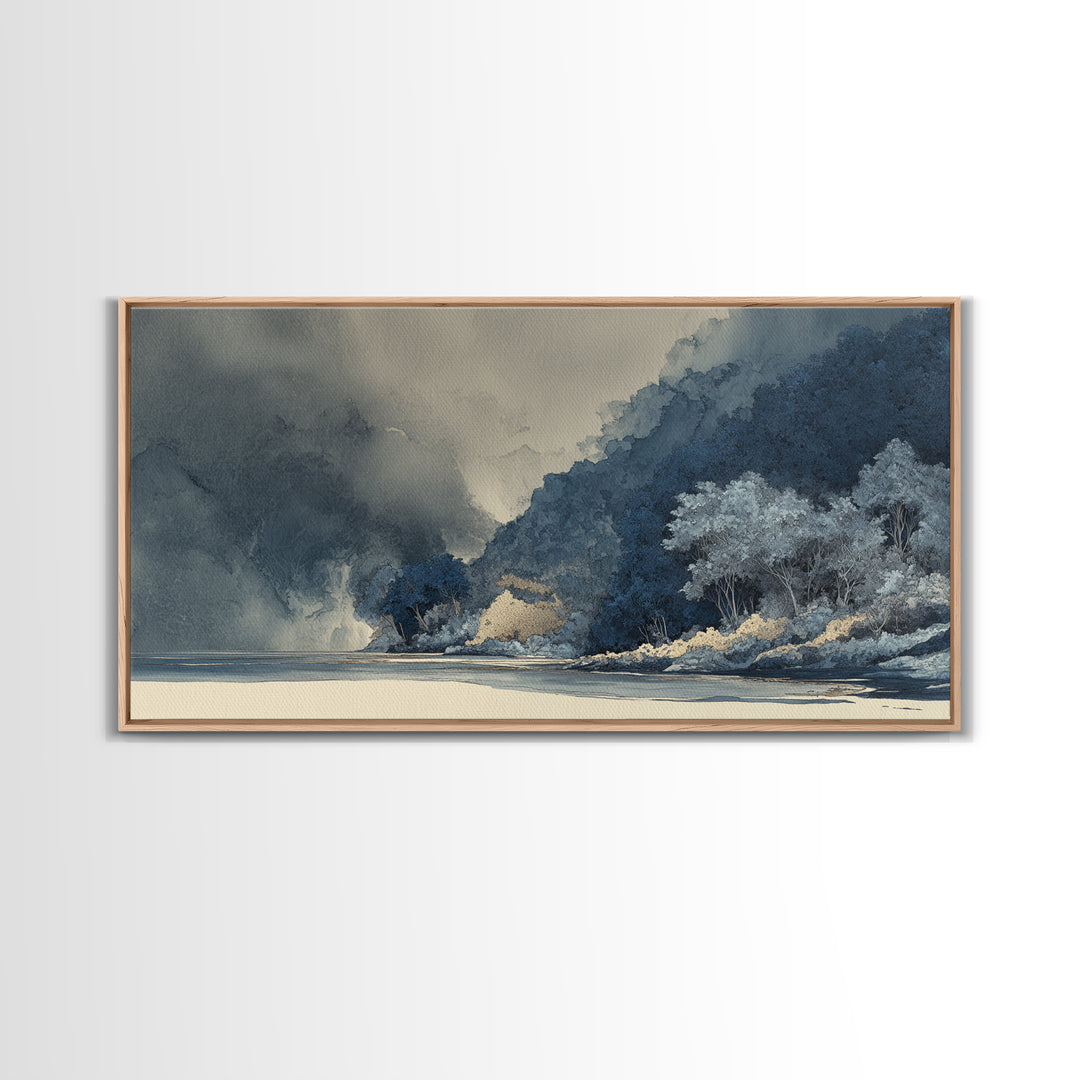 Jungle Waterfall with Misty Light Framed Canvas Print, Tropical Art, Digital Prints, Living Room Decor, Fine Art, Tropic, TRO-2x1-33
