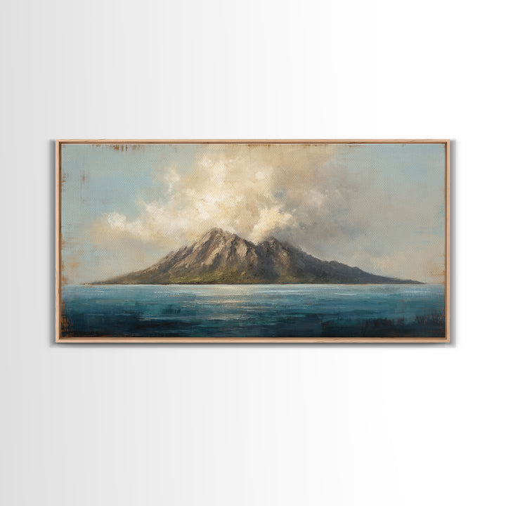 Island Volcano with Lush Foreground Framed Canvas Print, Tropical Art, Print, Living Room Decor, Tropic, Coastal Wall Art, TRO-2x1-37