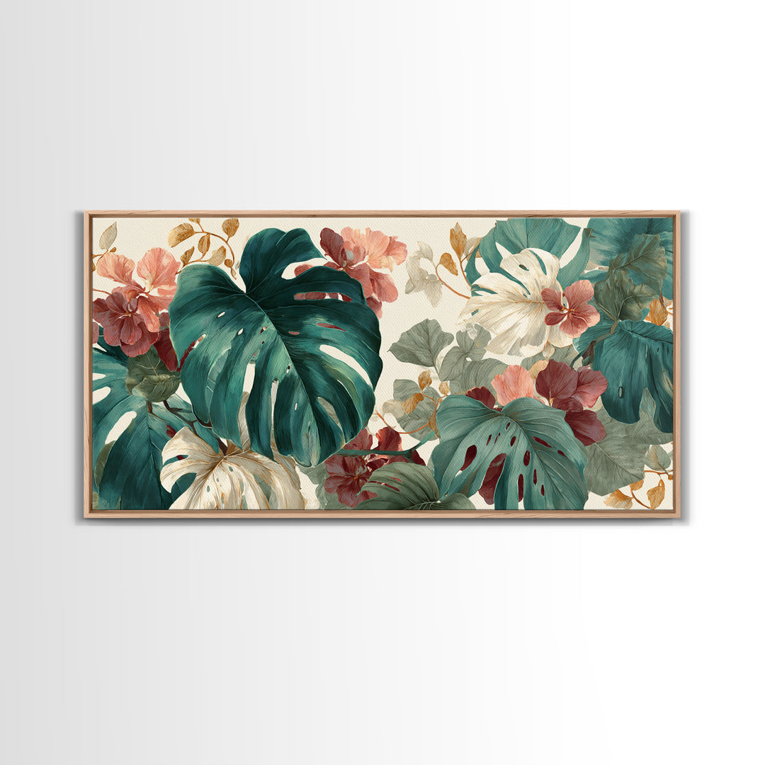 Lush Monstera Leaves Framed Canvas Print, Tropical Art, Pink Wall Art, Living Room Decor, Fine Art, Tropic, Coastal Art, TRO-2x1-45