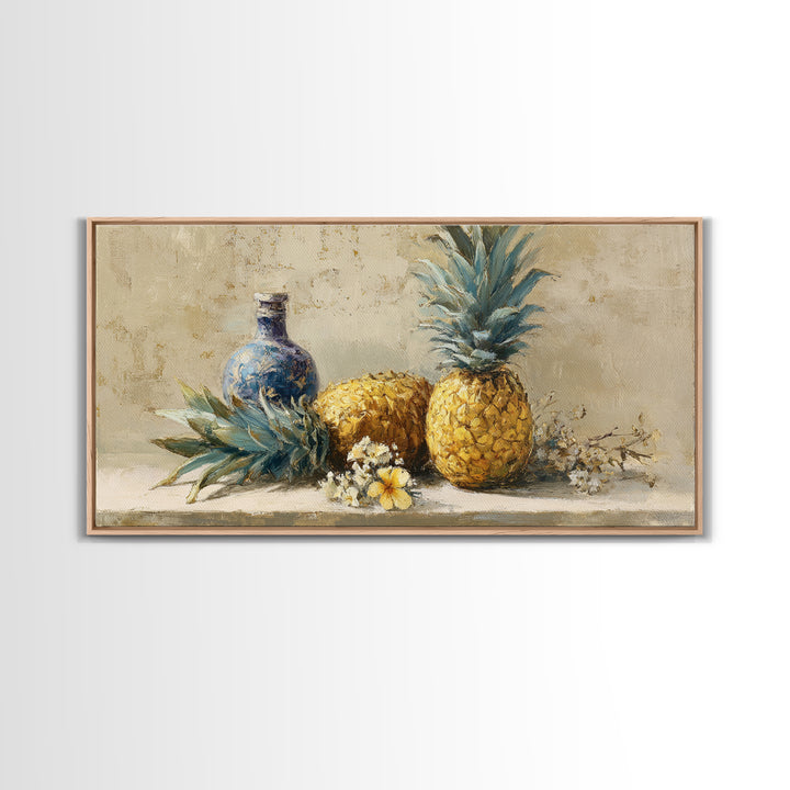 Pineapple and Palm Still Life Framed Canvas Print, Tropical Art, Decor, Living Room Decor, Fine Art, Tropic, Bird Art, TRO-2x1-50