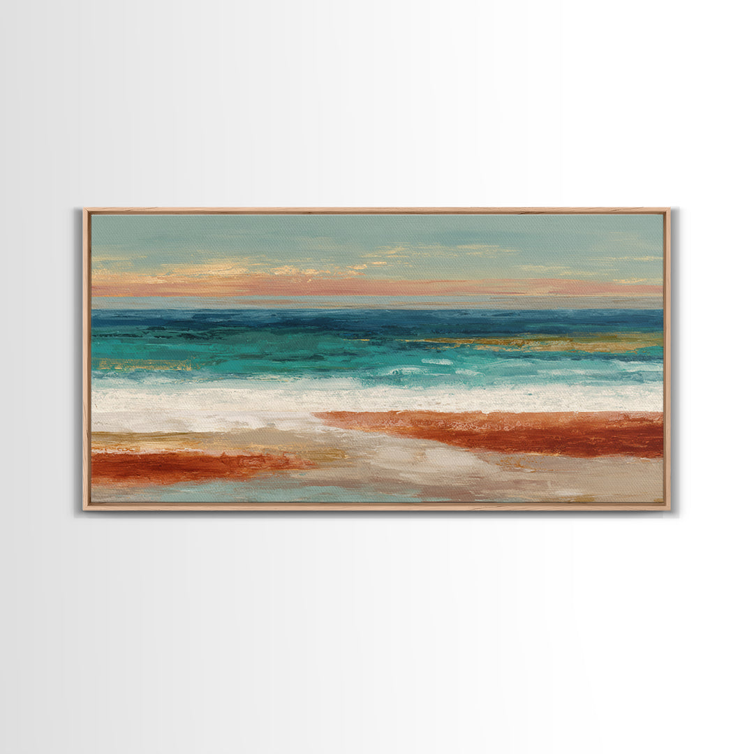 Tropical Lagoon with Turquoise Water Framed Canvas Print, Tropical Art, Bird Art, Living Room Decor, Watercolor Art, Tropic, TRO-2x1-51
